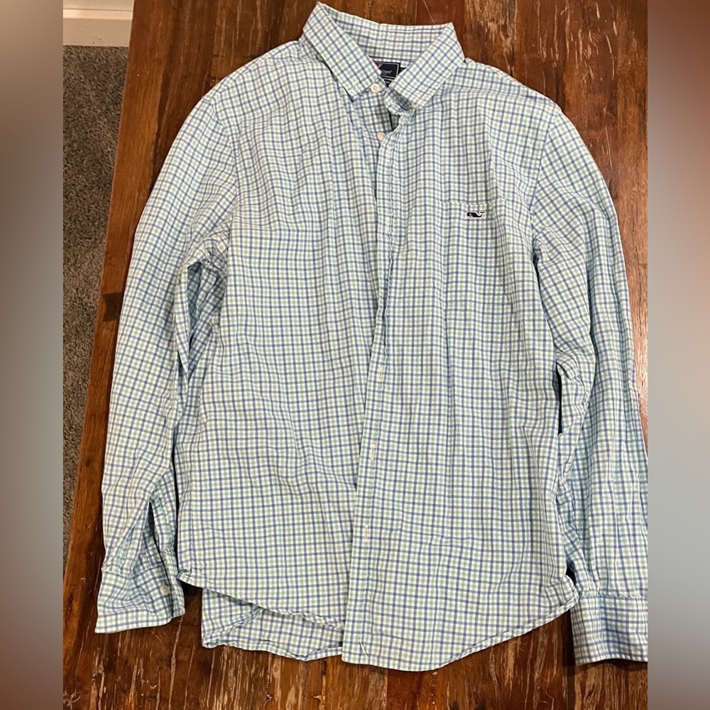 Vineyard Vines Green and White Plaid Shirt